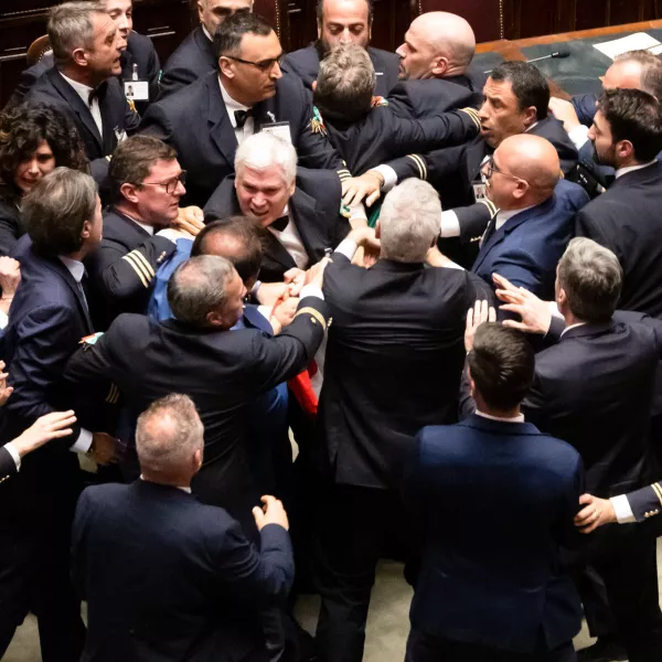 12 June 2024, Italy, Rome: A dispute between deputies following a protest by the opposition during parliamentary work in the Chamber of Deputies over the provisions implementing the differentiated autonomy of the regions with a statute. Photo: Mauro Scrobogna/LaPresse via ZUMA Press/dpa