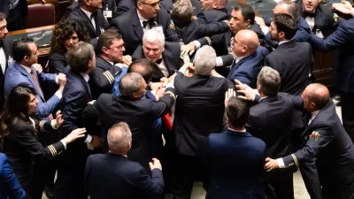 12 June 2024, Italy, Rome: A dispute between deputies following a protest by the opposition during parliamentary work in the Chamber of Deputies over the provisions implementing the differentiated autonomy of the regions with a statute. Photo: Mauro Scrobogna/LaPresse via ZUMA Press/dpa