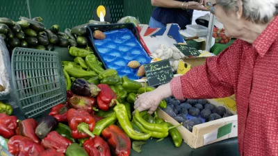 AKTWB8 Perpignan France, Small Local neighborhood grocery store vegetables on Sidewalk in Center of Old City Senior Woman Buying Food, shopper choosing,