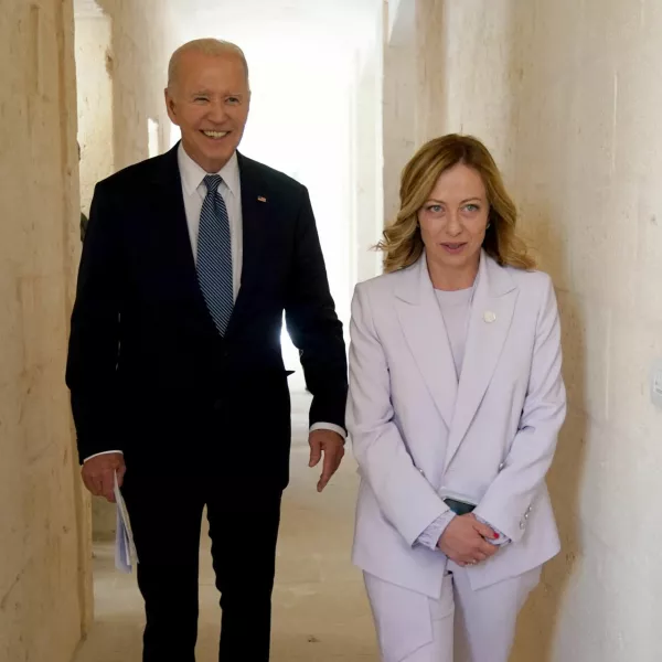 U.S. President Joe Biden meets with Italian Prime Minister Giorgia Meloni on the second day of the G7 summit at the Borgo Egnazia resort, in Savelletri, Puglia, Italy, June 14, 2024. REUTERS/Kevin Lamarque