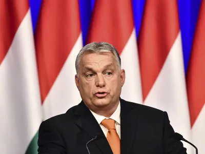 Viktor Orban, Hungary's nationalist Prime Minister delivers his annual state of the nation speech at the Varkert Bazaar conference hall, in Budapest, Hungary, Feb 12, 2022. As Hungary's nationalist prime minister Viktor Orban seeks a fourth straight term in office, a coalition of opposition parties are framing the Sunday election as a referendum on Hungary's future in the West. The election campaign has been transformed by the war in neighboring Ukraine. (AP Photo/Anna Szilagyi)