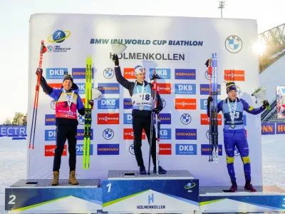 Biathlon - IBU World Cup Holmenkollen - Holmenkollen, Norway - March 18, 2022 Norway's Sturla Holm Laegreid celebrates winning the men's 10km sprint with France's Quentin Fillon Maillet finishing second and Sweden's Sebastian Samuelsson finishing third Terje Bendiksby /NTB via REUTERS  ATTENTION EDITORS - THIS IMAGE WAS PROVIDED BY A THIRD PARTY. NORWAY OUT. NO COMMERCIAL OR EDITORIAL SALES IN NORWAY.