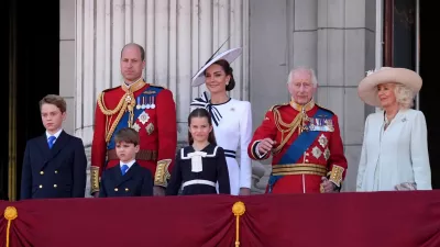 15 June 2024, United Kingdom, London: (L-R) Prince George, William, Prince of Wales, Prince Louis, Catherine, Princess of Wales, Princess Charlotte, King Charles III and Queen Camilla stand on the balcony of Buckingham Palace, to view the flypast following the Trooping the Colour ceremony, as King Charles celebrates his official birthday. Photo: Gareth Fuller/PA Wire/dpa