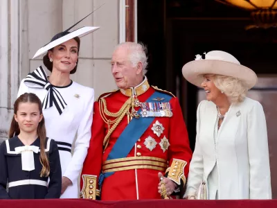 Britain's King Charles, Queen Camilla, Catherine, Princess of Wales and Princess Charlotte appear on the balcony of Buckingham Palace as part of the Trooping the Colour parade to honour Britain's King Charles on his official birthday in London, Britain, June 15, 2024. REUTERS/Hollie Adams   TPX IMAGES OF THE DAY