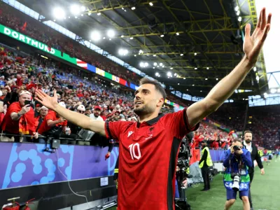 Soccer Football - Euro 2024 - Group B - Italy v Albania - Dortmund BVB Stadion, Dortmund, Germany - June 15, 2024 Albania's Nedim Bajrami celebrates scoring their first goal REUTERS/Bernadett Szabo