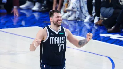 Jun 14, 2024; Dallas, Texas, USA; Dallas Mavericks guard Luka Doncic (77) reacts during the game against the Boston Celtics during game four of the 2024 NBA Finals at American Airlines Center. Mandatory Credit: Kevin Jairaj-USA TODAY Sports