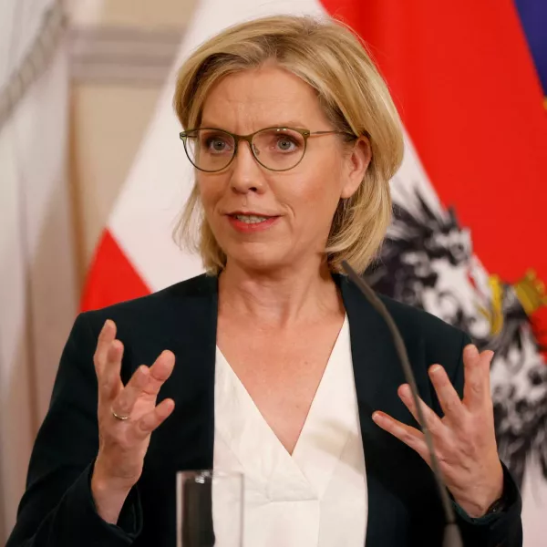 FILE PHOTO: Austrian Minister of Climate Action and Energy Leonore Gewessler speaks during a press conference in Vienna, Austria, October 17, 2023. REUTERS/Leonhard Foeger/File Photo