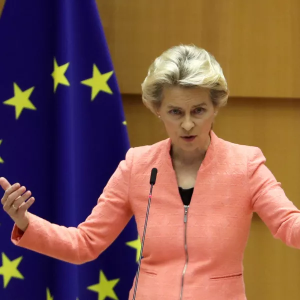 FILE PHOTO: European Commission President Ursula von der Leyen gestures as she addresses her first State of the European Union speech during a plenary session of the European Parliament as the coronavirus disease (COVID-19) outbreak continues, in Brussels, Belgium September 16, 2020. REUTERS/Yves Herman/File Photo