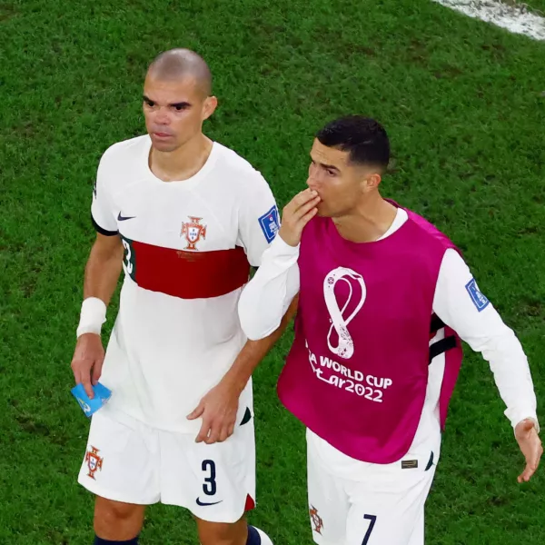 Soccer Football - FIFA World Cup Qatar 2022 - Group H - South Korea v Portugal - Education City Stadium, Al Rayyan, Qatar - December 2, 2022 Portugal's Cristiano Ronaldo and Pepe react after the match REUTERS/Fabrizio Bensch