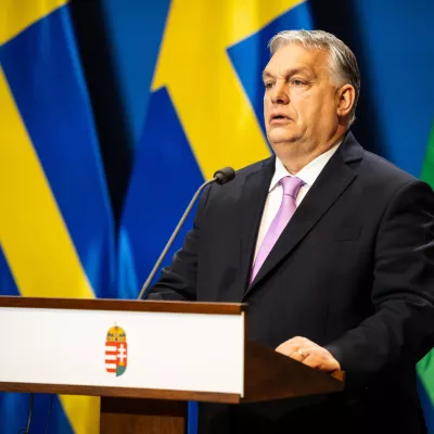 FILED - 23 February 2024, Hungary, Budapest: Hungarian Prime Minister Viktor Orban speaks during press conference with Swedish Prime Minister Ulf Kristersson. Photo: Marton Monus/dpa