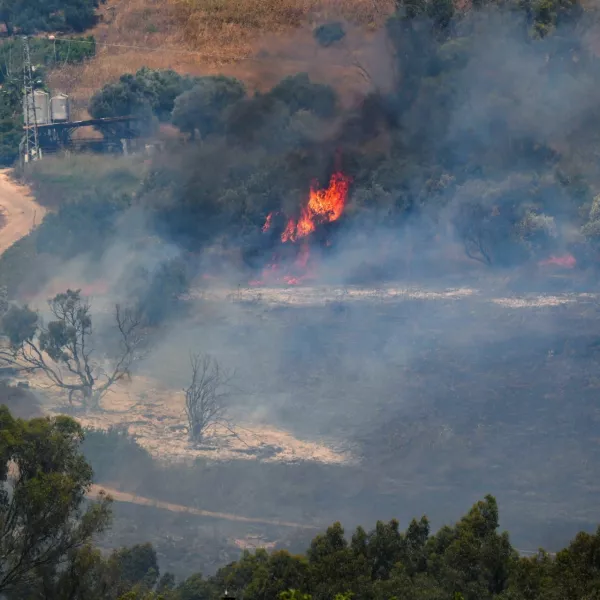 A fire blazes on the Israeli side of the Israel-Lebanon border following attacks from Lebanon, amid cross-border hostilities between Hezbollah and Israeli forces, in northern Israel June 18, 2024. REUTERS/Ayal Margolin ISRAEL OUT. NO COMMERCIAL OR EDITORIAL SALES IN ISRAEL