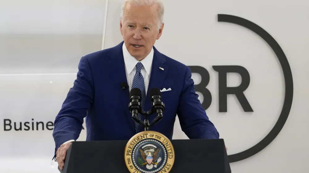 President Joe Biden speaks at Business Roundtable's CEO Quarterly Meeting, Monday, March 21, 2022, in Washington. (AP Photo/Patrick Semansky)