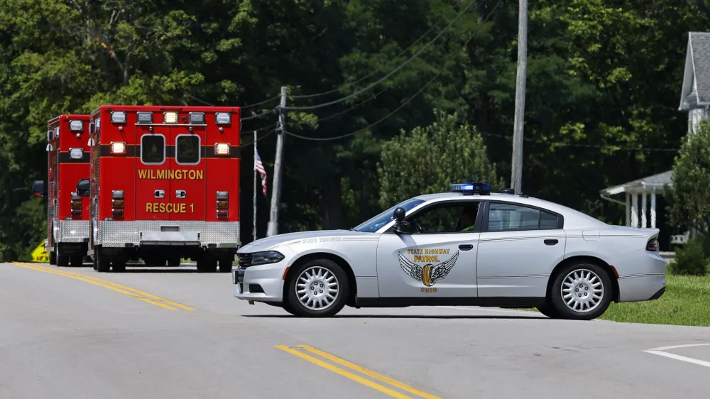 Interstate 71 and state Route 73 were among roads closed during a standoff Thursday, Aug. 11, 2022, involving an armed man who tried to breach security at the Cincinnati FBI Field Office before fleeing north on I-71 to Clinton County, Ohio. (Nick Graham/Dayton Daily News via AP)