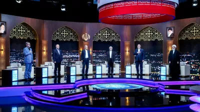 Presidential candidates ​attend an election debate at a television studio in Tehran, Iran, June 17, 2024. Morteza Fakhri Nezhad/IRIB/WANA (West Asia News Agency)/Handout via REUTERS ATTENTION EDITORS - THIS PICTURE WAS PROVIDED BY A THIRD PARTY