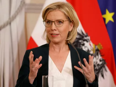 FILE PHOTO: Austrian Minister of Climate Action and Energy Leonore Gewessler speaks during a press conference in Vienna, Austria, October 17, 2023. REUTERS/Leonhard Foeger/File Photo