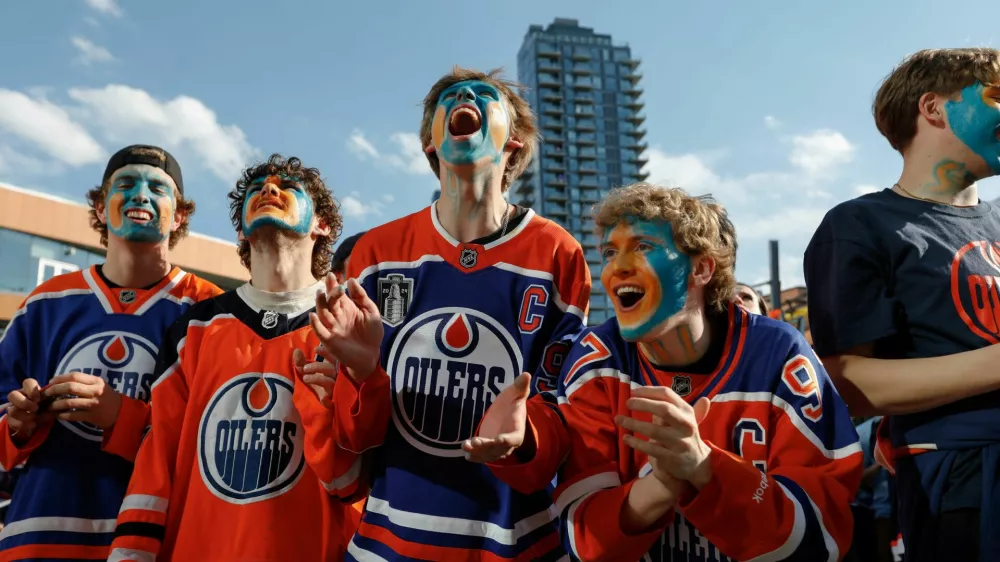 Fans react as the Oilers score in game six of the 2024 Stanley Cup Final between the Edmonton Oilers and Florida Panthers in Edmonton, Alberta, Canada, June 21, 2024. REUTERS/Amber Bracken