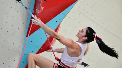 Paris 2024 Olympics - Olympic Qualifier Series 2024 Budapest - Sport Climbing - Budapest, Hungary - June 21, 2024 Slovenia's Mia Krampl in action during the women's boulder and lead qualification REUTERS/Marton Monus