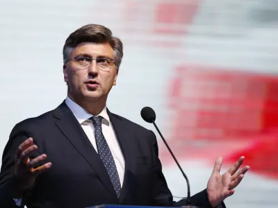 Croatia's Prime Minister Andrej Plenkovic delivers his speech during a political rally of the Croatian Democratic Union of Bosnia and Herzegovina in Mostar, Bosnia, on Thursday, Oct. 4, 2018. Bosnia holds a general election this weekend that could cement ethnic divisions of the 1992-95 war as a pro-Russian nationalist bids for a top post and politicians cling to war-era rivalries rather than reform needed to pull the country out of the post-war limbo. (AP Photo/Amel Emric)