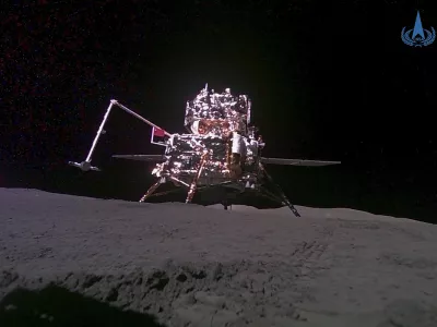 FILE -This China National Space Administration (CNSA) handout image released by Xinhua News Agency, shows the lander-ascender combination of Chang'e-6 probe taken by a mini rover after it landed on the moon surface, June 4, 2024. China's Chang'e 6 probe returned on Earth on Tuesday with rock and soil samples from the little-explored far side of the moon in a global first. The probe landed in northern China on Tuesday afternoon in the Inner Mongolian region. (CNSA/Xinhua via AP, File)