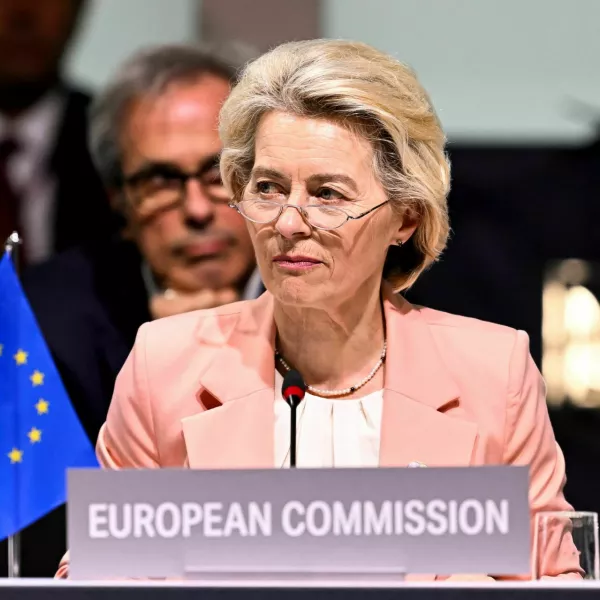 Ursula von der Leyen President of European Commission listens to a speech during the opening plenary session, during the Summit on peace in Ukraine, in Stansstad near Lucerne, Switzerland, Saturday, June 15, 2024. Heads of state from around the world gather on the Buergenstock Resort in central Switzerland for the Summit on Peace in Ukraine, on June 15 and 16. URS FLUEELER/Pool via REUTERS