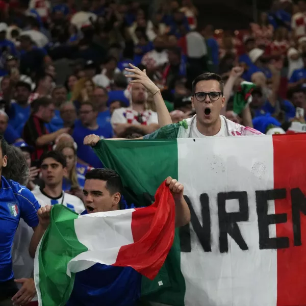 Italian fans cheer their teams during a Group B match between Croatia and Italy at the Euro 2024 soccer tournament in Leipzig, Germany, Monday, June 24, 2024. (AP Photo/Petr David Josek)