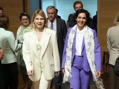 HANDOUT - 25 June 2024, Luxembourg: Olha Stefanishyna (L), Deputy Prime Minister for European and Euro-Atlantic Integration of Ukraine, and Hadja Lahbib, Minister for Foreign Affairs of Belgium, arrive to attend EU-Ukraine Intergovernmental Conference. Photo: -/European Council/dpa - ATTENTION: editorial use only and only if the credit mentioned above is referenced in full