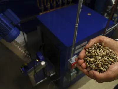 Les Otten holds a handful of wood pellets next to his new wood pellet burning furnace at his home in Greenwood, Maine, on Thursday, June 19, 2008.. Pellets are made out of compacted sawdust, wood chips or other wood material and look something like rabbit food. And instead of heating oil deliveries, trucks will deliver pellets, which are pumped into a bin in his basement that can hold 4 tons. They are then carried automatically from the bin to the furnace, where they are burned to heat water that is used to heat the house. (AP Photo/Pat Wellenbach)