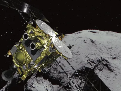 ﻿This computer graphics image provided by the Japan Aerospace Exploration Agency (JAXA) shows an asteroid and asteroid explorer Hayabusa2. The Japanese space explorer that will try to blow a crater in an asteroid and bring back samples from inside is nearing its destination after a 3 1/2 -year journey. The unmanned Hayabusa2 has arrived at the asteroid Wednesday, June 27, 2018, about 280 million kilometers (170 million miles) from Earth.(JAXA via AP)