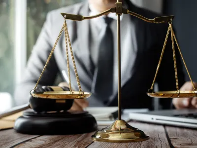 Business and lawyers discussing contract papers with brass scale on desk in office. Law, legal services, advice, justice and law concept picture with film grain effect