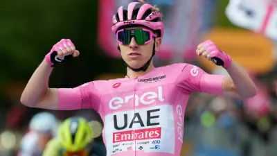 11 May 2024, Italy, Prati di Tivo: Slovenian cyclist Tadej Pogacar of Team UAE Emirates celebrates winning the 8th stage of the Giro d'Italia cycling race, 152 km from Spoleto to Prati di Tivo. Photo: Gian Mattia D'alberto/LaPresse via ZUMA Press/dpa