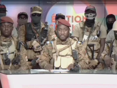 Kiswensida Farouk Aziz Sorgho announces on television that army captain Ibrahim Traore has ousted Burkina Faso's military leader Paul-Henri Damiba and dissolved the government and constitution, in Ouagadougou, Burkina Faso, September 30, 2022, in this still image obtained from a video. Radio Television Burkina Faso/Handout via REUTERS THIS IMAGE HAS BEEN SUPPLIED BY A THIRD PARTY. NO RESALES. NO ARCHIVES. MANDATORY CREDIT. BURKINA FASO OUT. NO COMMERCIAL OR EDITORIAL SALES IN BURKINA FASO