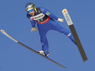 Slovenia's Timi Zajc in action during the World Cup ski jumping in Vikersundbakken, Norway, Saturday March 12, 2022. (Terje Bendiksby/NTB via AP)