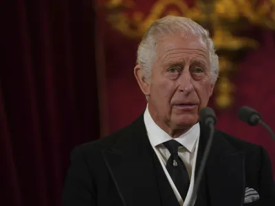 King Charles III during the Accession Council at St James's Palace, London, Saturday, Sept. 10, 2022, where he is formally proclaimed monarch. (Victoria Jones/Pool Photo via AP)