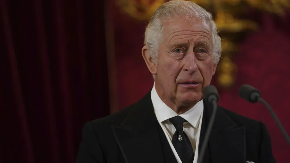 King Charles III during the Accession Council at St James's Palace, London, Saturday, Sept. 10, 2022, where he is formally proclaimed monarch. (Victoria Jones/Pool Photo via AP)