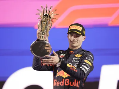 Red Bull driver Max Verstappen of the Netherlands celebrates after he won the Formula One Grand Prix it in Jiddah, Saudi Arabia, Sunday, March 27, 2022. (AP Photo/Hassan Ammar)