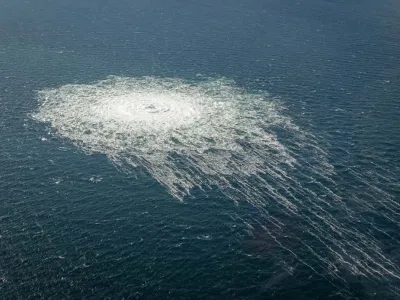 Gas bubbles from the Nord Stream 2 leak reaching surface of the Baltic Sea in the area shows disturbance of well over one kilometre diameter near Bornholm, Denmark, September 27, 2022. Danish Defence Command/Handout via REUTERS THIS IMAGE HAS BEEN SUPPLIED BY A THIRD PARTY.