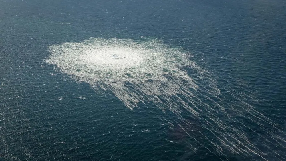 Gas bubbles from the Nord Stream 2 leak reaching surface of the Baltic Sea in the area shows disturbance of well over one kilometre diameter near Bornholm, Denmark, September 27, 2022. Danish Defence Command/Handout via REUTERS THIS IMAGE HAS BEEN SUPPLIED BY A THIRD PARTY.