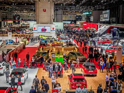 2CH63HJ Visitors and cars overview of the 89th Geneva International Motor Show. Geneva, Switzerland - March 5, 2019.