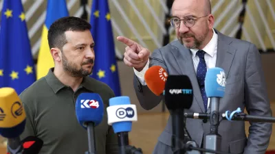 Ukraine's President Volodymyr Zelenskyy, left, and European Council President Charles Michel speak with the media as they arrive for an EU summit in Brussels, Thursday, June 27, 2024. European Union leaders are expected on Thursday to discuss the next EU top jobs, as well as the situation in the Middle East and Ukraine, security and defence and EU competitiveness. (AP Photo/Geert Vanden Wijngaert)