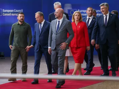 Ukraine's President Volodymyr Zelenskiy, Poland's Prime Minister Donald Tusk, European Council President Charles Michel, Latvia's Prime Minister Evika Silina, Croatia's Prime Minister Andrej Plenkovic and Malta's Prime Minister Robert Abela attend a European Union leaders' summit in Brussels, Belgium June 27, 2024. REUTERS/Johanna Geron