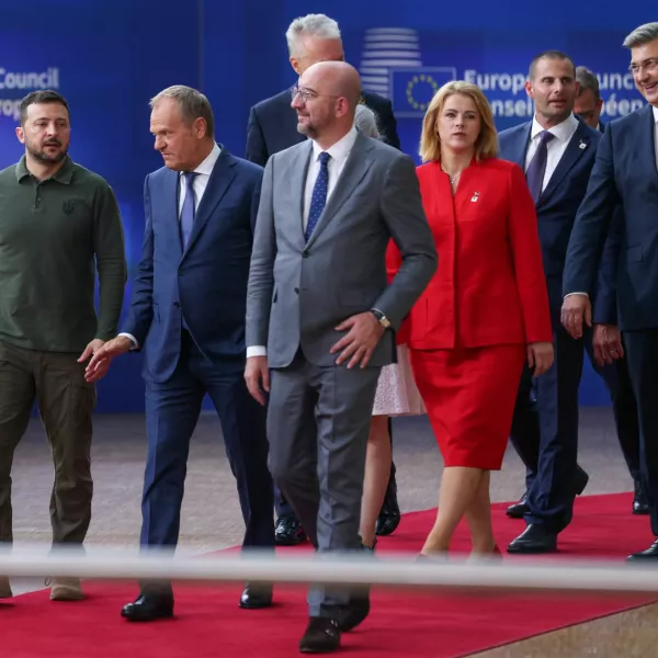 Ukraine's President Volodymyr Zelenskiy, Poland's Prime Minister Donald Tusk, European Council President Charles Michel, Latvia's Prime Minister Evika Silina, Croatia's Prime Minister Andrej Plenkovic and Malta's Prime Minister Robert Abela attend a European Union leaders' summit in Brussels, Belgium June 27, 2024. REUTERS/Johanna Geron