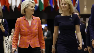 European Commission President Ursula von der Leyen and Estonia's Prime Minister Kaja Kallas walk together to a media conference during an EU summit in Brussels, early Friday, June 28, 2024. European Union leaders signed off a trio of top appointments for their shared political institutions on Thursday evening, reinstalling German conservative Ursula von der Leyen as president of the European Commission for another five years. At the side of von der Leyen should be two new faces: Antonio Costa of Portugal as European Council President and Estonia's Kaja Kallas as the top diplomat of the world's largest trading bloc. (AP Photo/Geert Vanden Wijngaert)