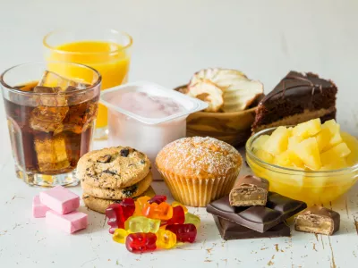 Selection of food high in sugar, copy space