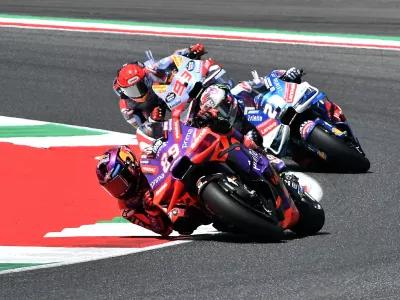 FILE PHOTO: MotoGP - Italian Grand Prix - Mugello Circuit, Scarperia e San Piero, Italy - June 2, 2024 Prima Pramac Racing's Jorge Martin with Ducati Lenovo Team's Enea Bastianini and Gresini Racing MotoGP's Marc Marquez in action during the race REUTERS/Jennifer Lorenzini/File Photo