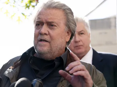 Steve Bannon, longtime ally of former President Donald Trump and convicted of contempt of Congress, speaks to the media as he leaves the federal courthouse in Washington, on Friday, Oct. 21, 2022. Bannon was sentenced to 4 months behind bars for defying Jan. 6 committee subpoena. (AP Photo/Jose Luis Magana)