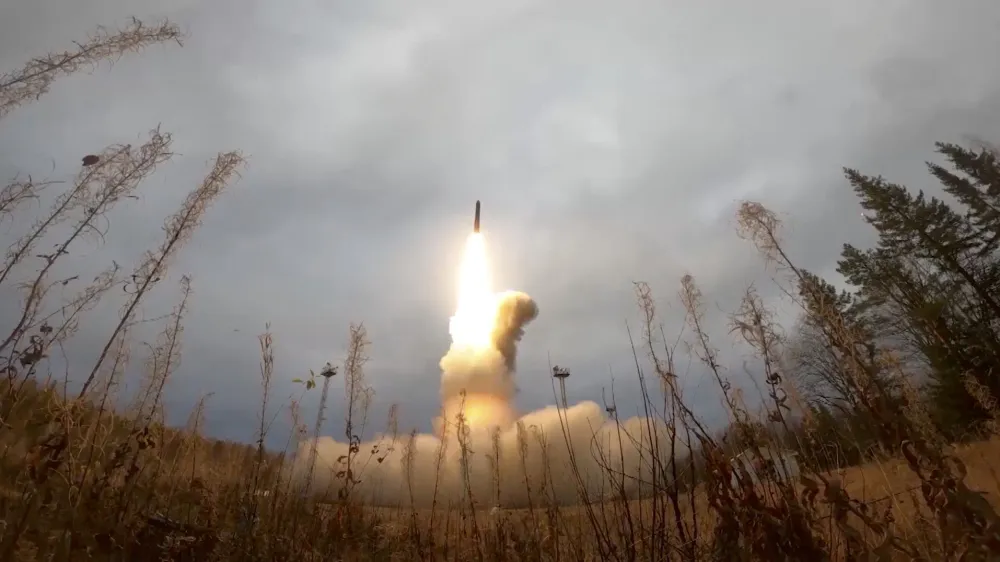 A still image from video, released by the Russian Defence Ministry, shows what it said to be Russia's Yars intercontinental ballistic missile launched during exercises held by the country's strategic nuclear forces at the Plesetsk Cosmodrome, Russia, in this image taken from handout footage released October 26, 2022. Russian Defence Ministry/Handout via REUTERS ATTENTION EDITORS - THIS IMAGE WAS PROVIDED BY A THIRD PARTY. NO RESALES. NO ARCHIVES. MANDATORY CREDIT.   TPX IMAGES OF THE DAY