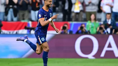 Soccer Football - Euro 2024 - Round of 16 - Romania v Netherlands - Munich Football Arena, Munich, Germany - July 2, 2024 Netherlands' Cody Gakpo celebrates scoring their first goal REUTERS/Angelika Warmuth