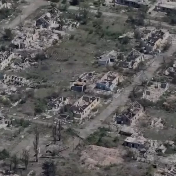 Drone view shows destroyed buildings in the frontline town of Chasiv Yar in Donetsk region, Ukraine, in this screengrab obtained from social media video released on July 4, 2024. Special Purpose Battalion "Donbas" of the 18th Slavic Brigade of the NGU/via REUTERS THIS IMAGE HAS BEEN SUPPLIED BY A THIRD PARTY. MANDATORY CREDIT. NO RESALES. NO ARCHIVES. WATERMARK FROM SOURCE. BEST QUALITY AVAILABLE.