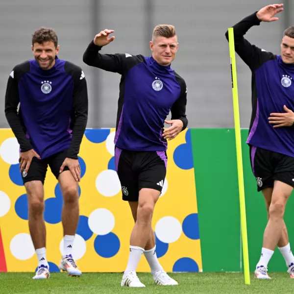 04 July 2024, Bavaria, Herzogenaurach: Germany's (L-R) Pascal Gross, Thomas Müller, Toni Kroos and Florian Wirtz pictured during training session ahead of Friday's UEFA Euro 2024 quarter final soccer match between Germany and Spain. Photo: Federico Gambarini/dpa