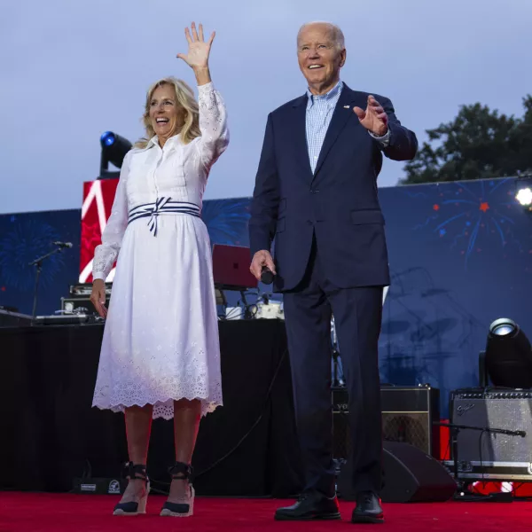 President Joe Biden and first lady Jill Biden arrive for a Fourth of July celebration for military and veteran families on the South Lawn of the White House, Thursday, July 4, 2024, in Washington. (AP Photo/Evan Vucci)